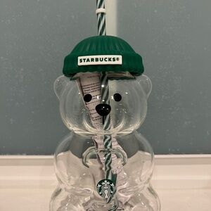 Starbucks Bearista Tumbler. Glass Bear Cup with Green Lid and Straw.